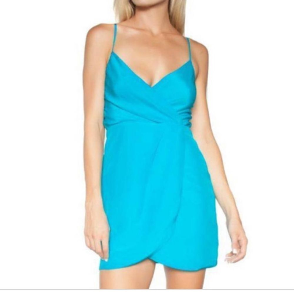 teal silk mini wrap dress